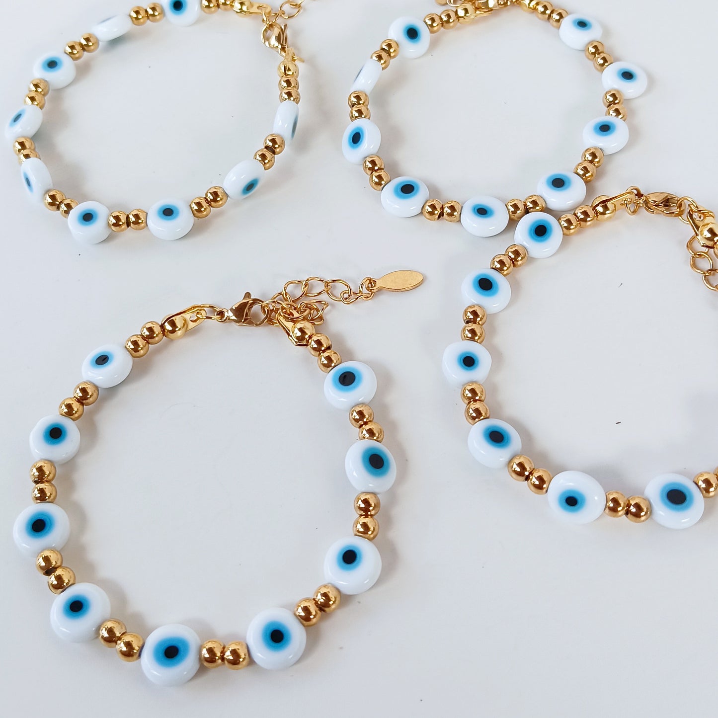 Beaded White Evil Eye and Gold Bracelet