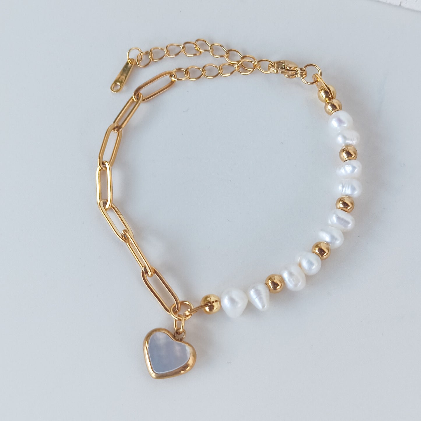 Half Paperclip half pearls with heart bracelet
