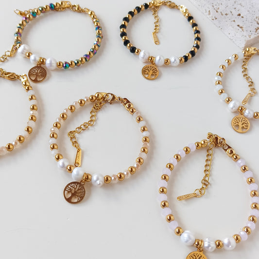 Beaded Bracelet with crystals pearls and gold beads