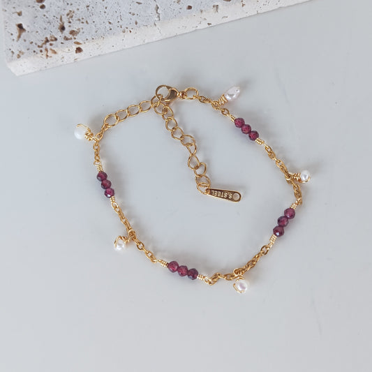 Pearl Charm and Garnet Dainty Bracelet